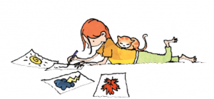 image of a girl drawring pictures with a cat on her back